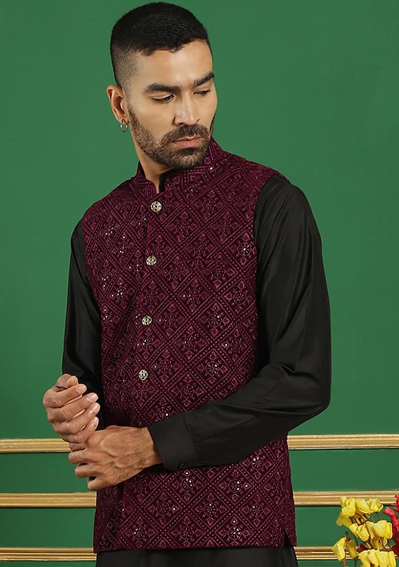 Purple Embroidered Poly Blend Nehru Jacket For Men