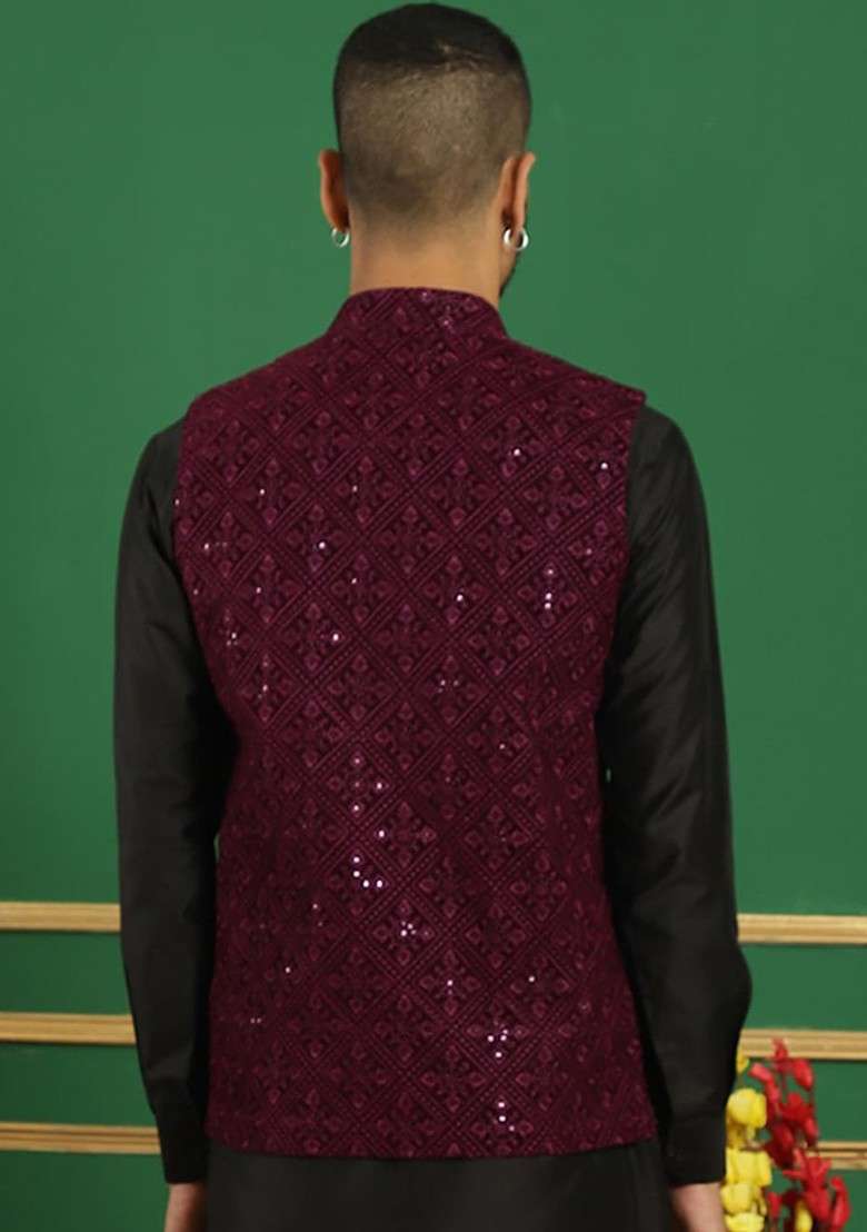 Purple Embroidered Poly Blend Nehru Jacket For Men - Indya