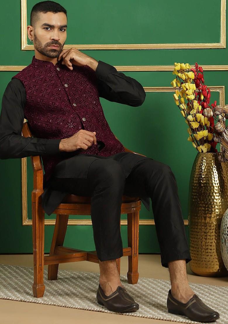 Purple Embroidered Poly Blend Nehru Jacket For Men