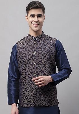 Navy Blue Woven Design Poly Blend Nehru Jacket For Men