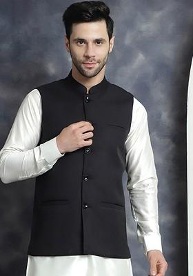 Black Embroidered Poly Blend Nehru Jacket For Men