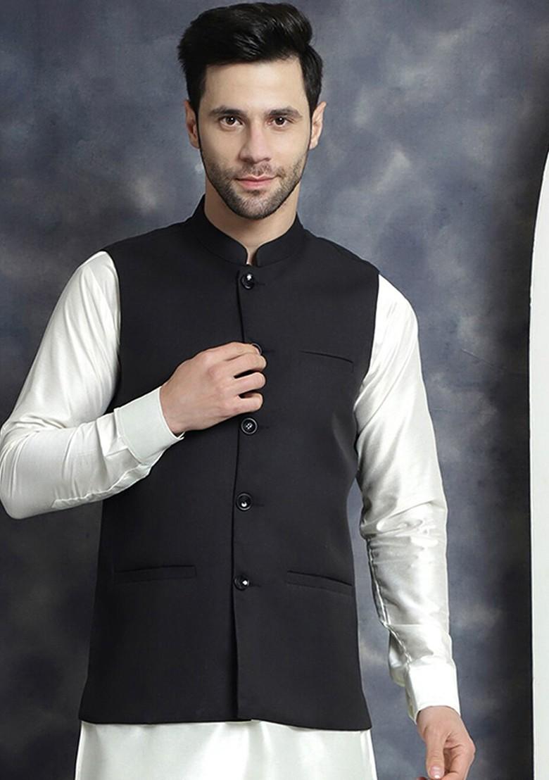Black Embroidered Poly Blend Nehru Jacket For Men