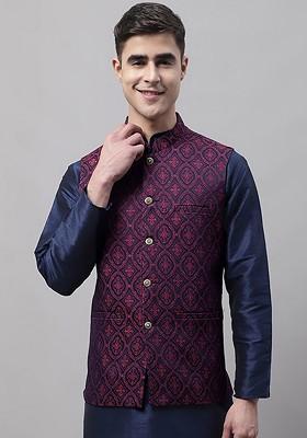 Navy Blue Woven Design Poly Blend Nehru Jacket For Men