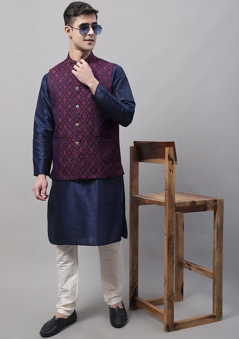 Navy Blue Woven Design Poly Blend Nehru Jacket For Men