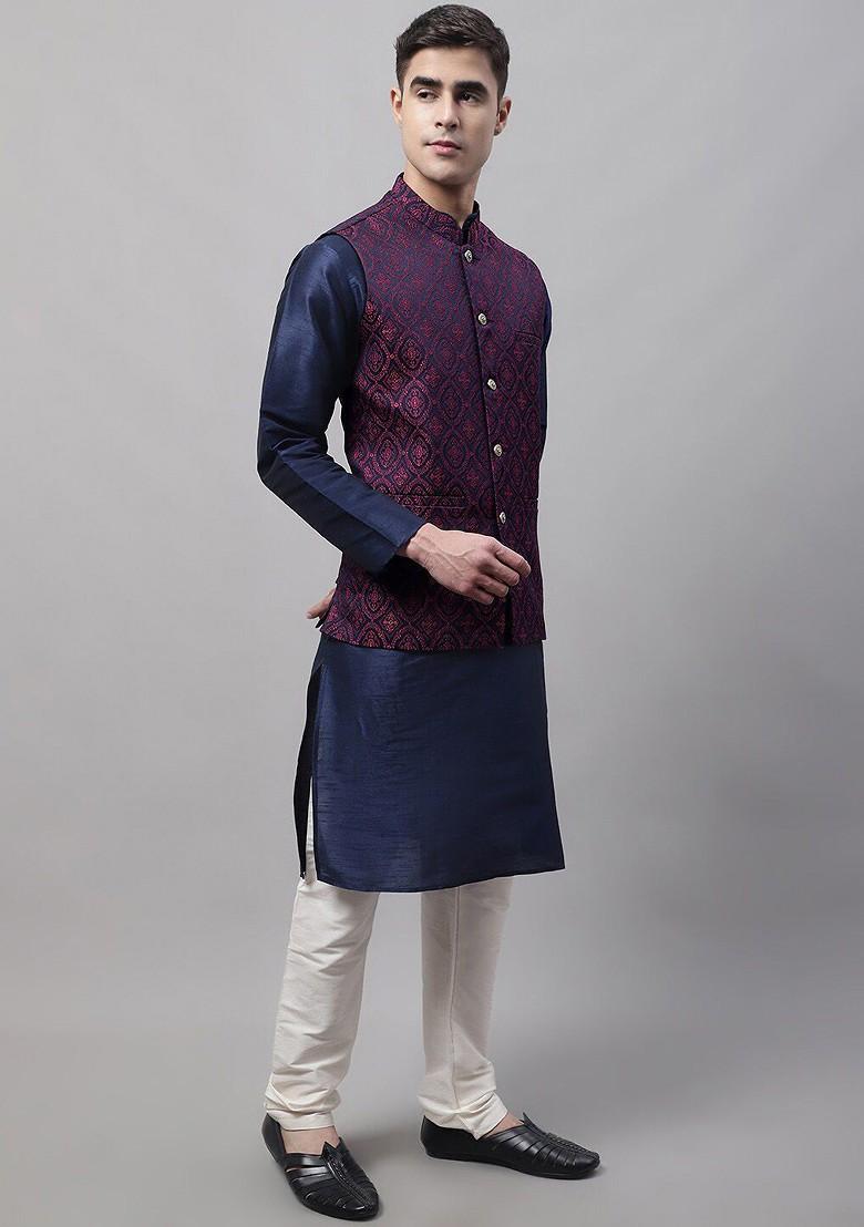 Navy Blue Woven Design Poly Blend Nehru Jacket For Men