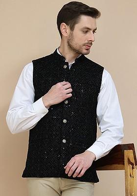 Black Embroidered Poly Blend Nehru Jacket For Men