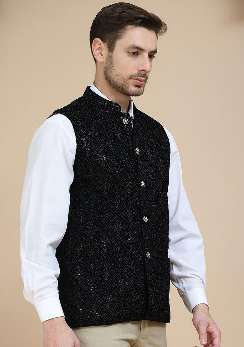 Black Embroidered Poly Blend Nehru Jacket For Men