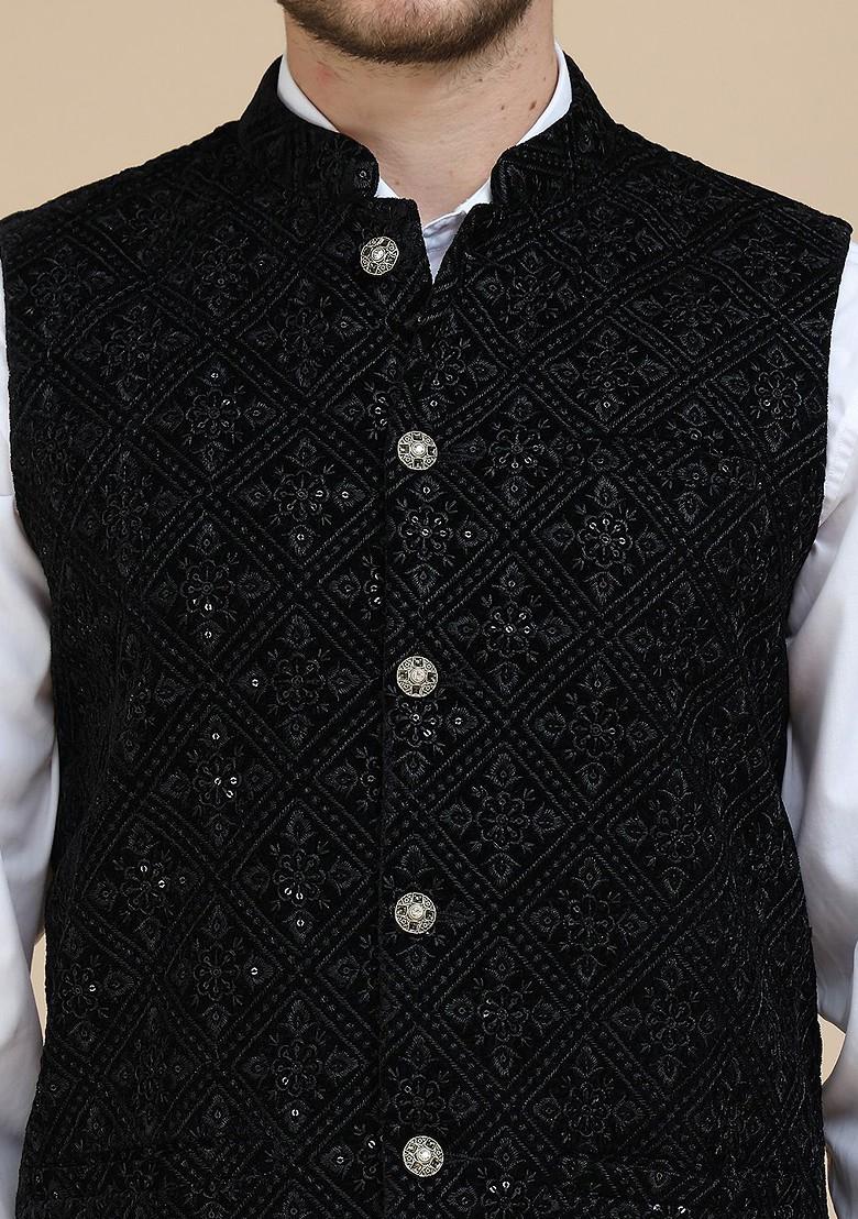 Black Embroidered Poly Blend Nehru Jacket For Men