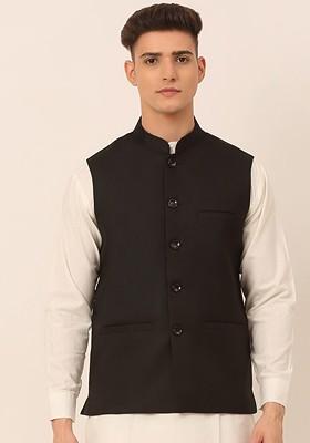 Black Woven Design Poly Blend Nehru Jacket For Men