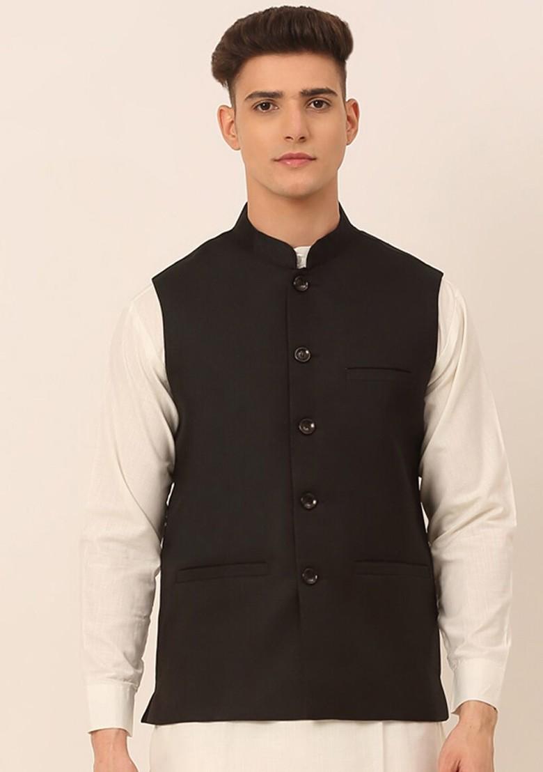 Black Woven Design Poly Blend Nehru Jacket For Men