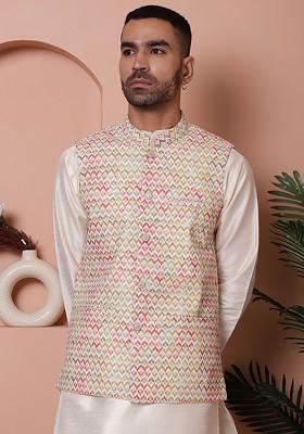 Yellow Embroidered Poly Blend Nehru Jacket For Men