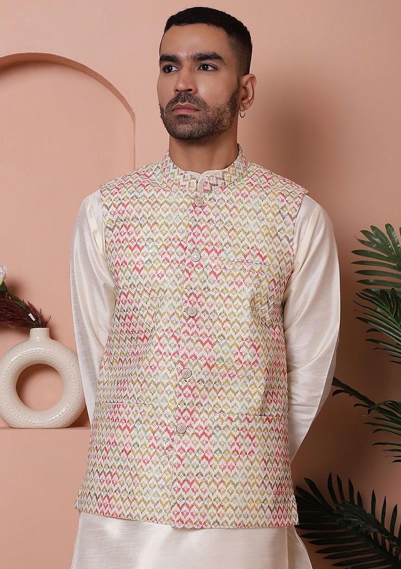 Yellow Embroidered Poly Blend Nehru Jacket For Men