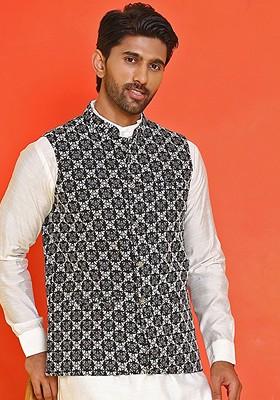 Black Embroidered Poly Blend Nehru Jacket For Men