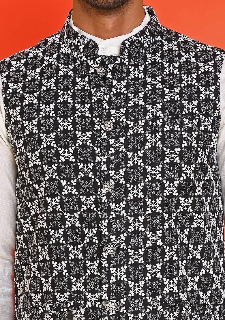 Black Embroidered Poly Blend Nehru Jacket For Men