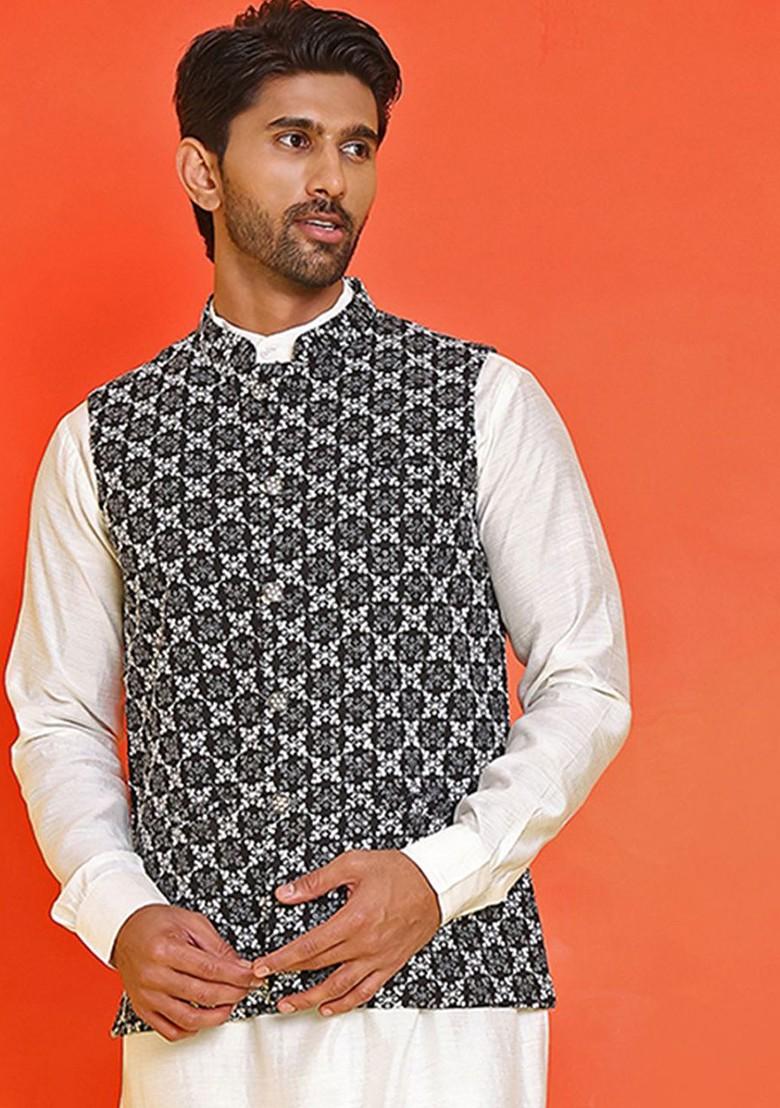 Black Embroidered Poly Blend Nehru Jacket For Men