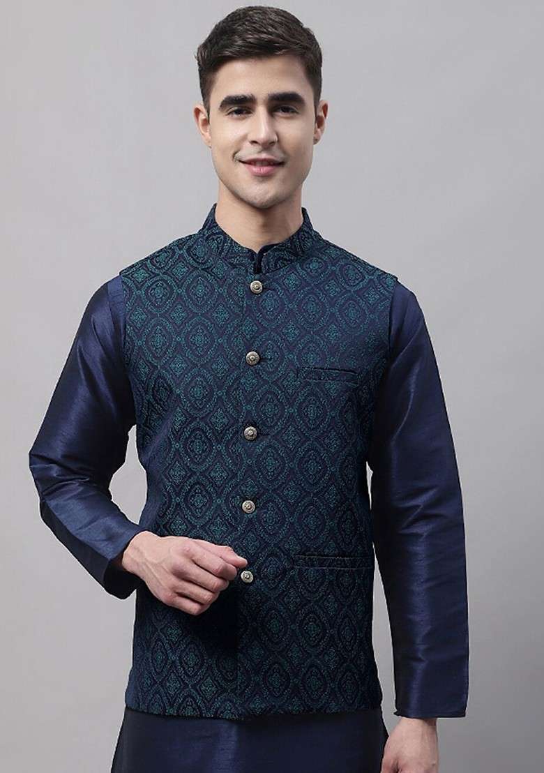 Navy Blue Woven Design Poly Blend Nehru Jacket For Men - Indya
