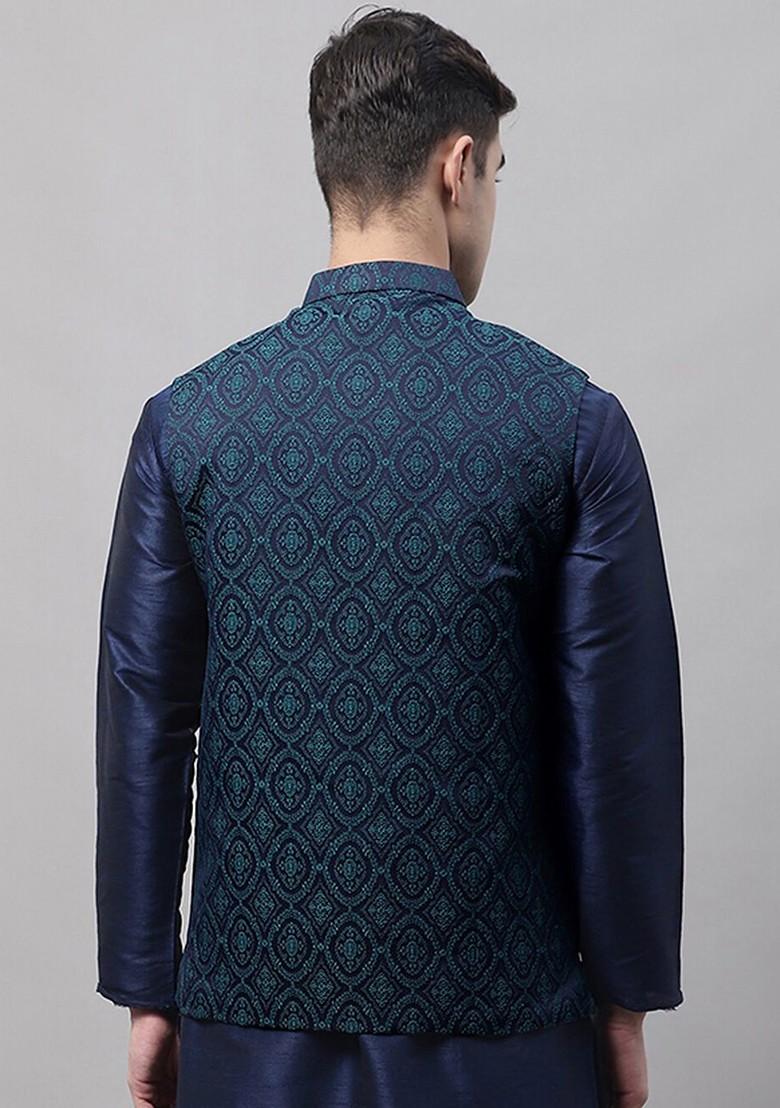 Navy Blue Woven Design Poly Blend Nehru Jacket For Men
