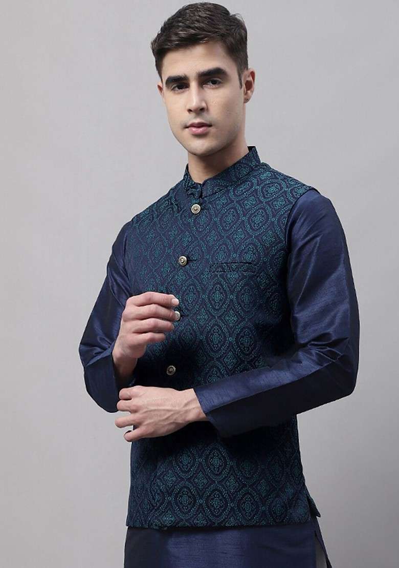 Navy Blue Woven Design Poly Blend Nehru Jacket For Men - Indya