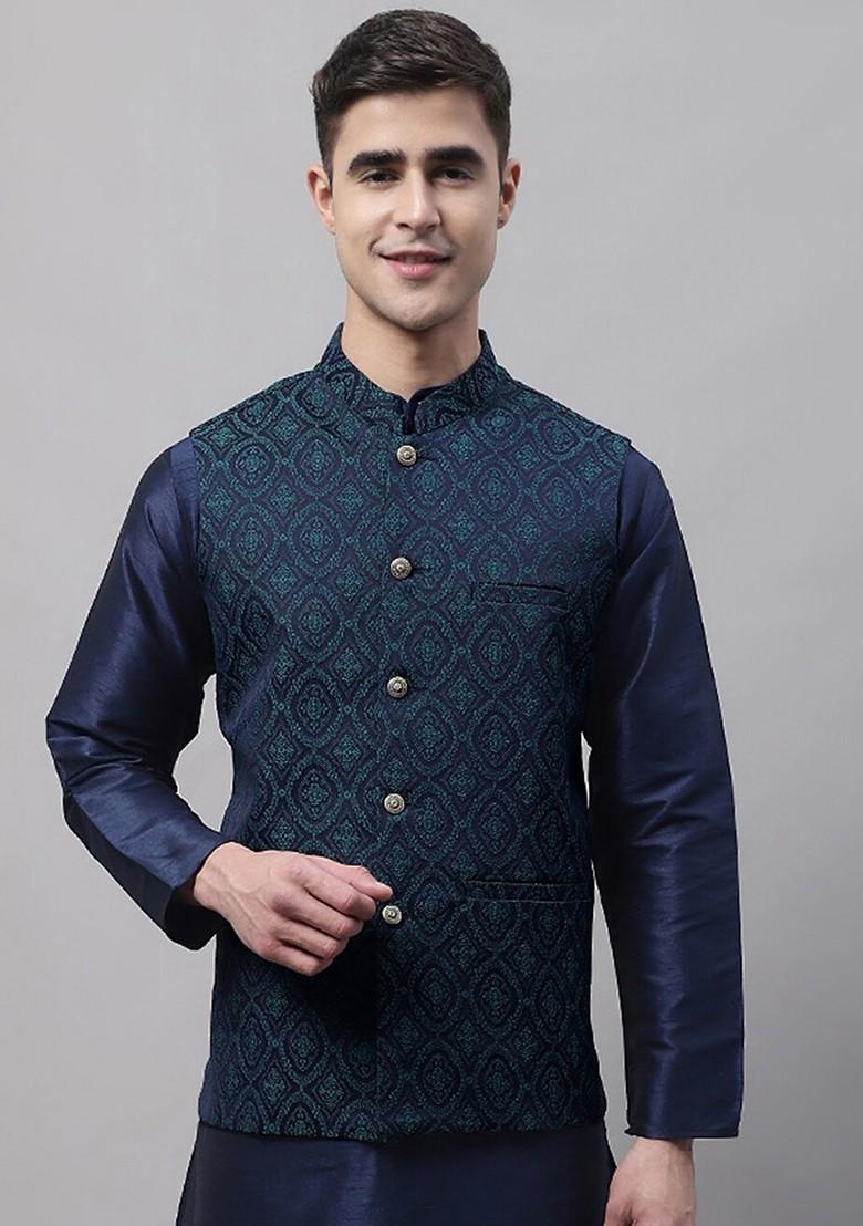 Navy Blue Woven Design Poly Blend Nehru Jacket For Men