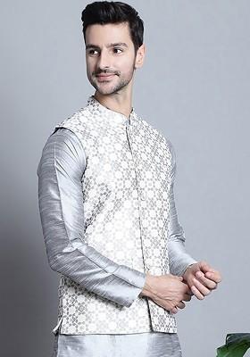 Cream Woven Design Poly Blend Nehru Jacket For Men