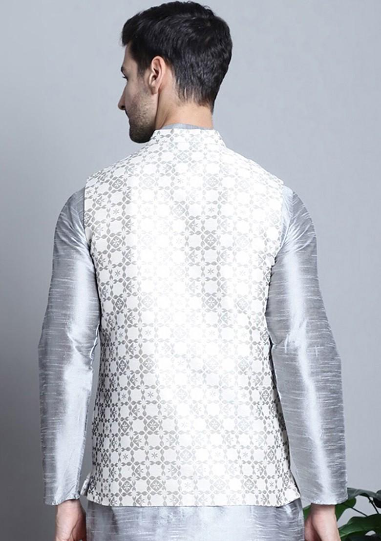 Cream Woven Design Poly Blend Nehru Jacket For Men