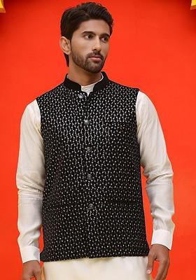 Black Embroidered Poly Blend Nehru Jacket For Men