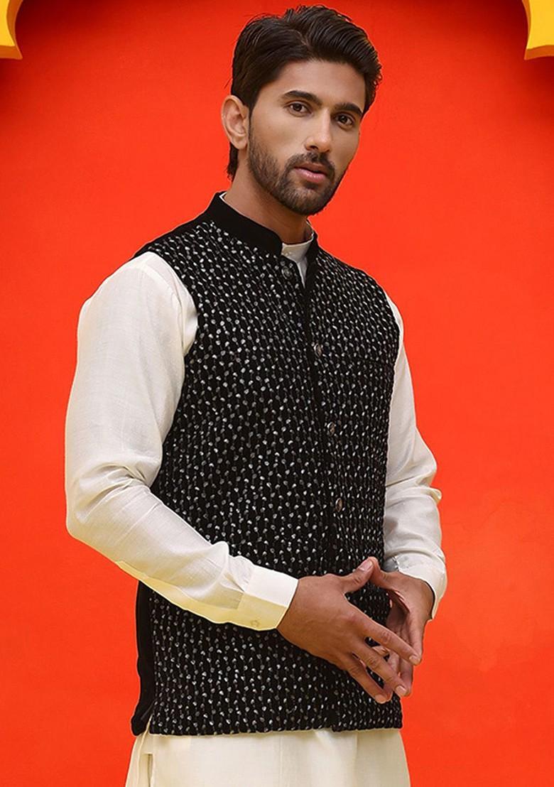 Black Embroidered Poly Blend Nehru Jacket For Men