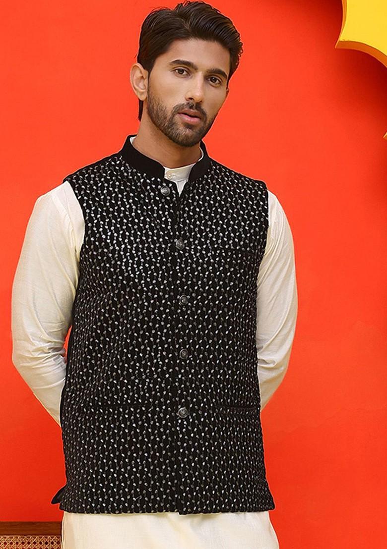Black Embroidered Poly Blend Nehru Jacket For Men