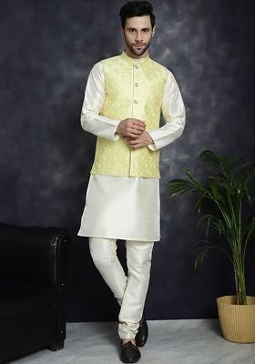 Yellow Embroidered Poly Blend Nehru Jacket For Men