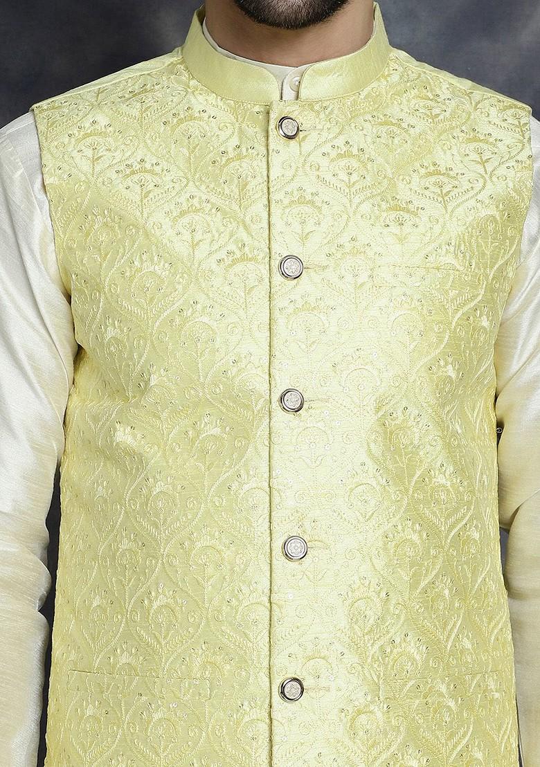 Yellow Embroidered Poly Blend Nehru Jacket For Men