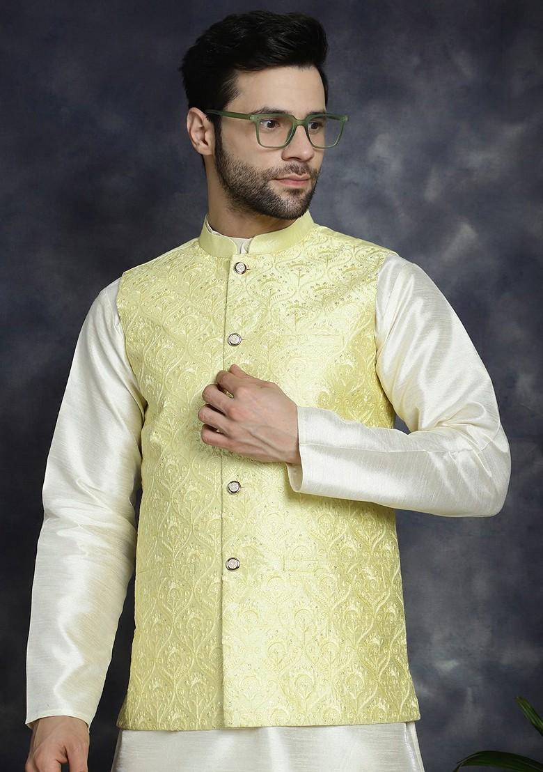 Yellow Embroidered Poly Blend Nehru Jacket For Men