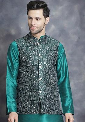 Green Printed Poly Blend Nehru Jacket For Men