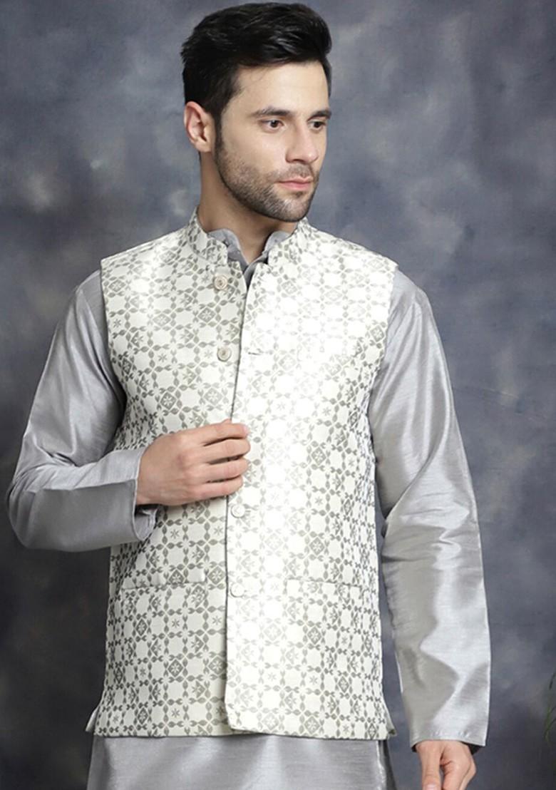 Cream Woven Design Poly Blend Nehru Jacket For Men