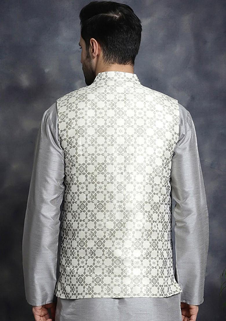 Cream Woven Design Poly Blend Nehru Jacket For Men