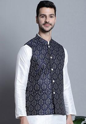 Navy Blue Printed Poly Blend Nehru Jacket For Men