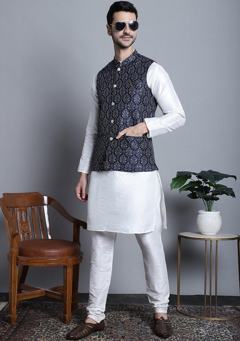 Navy Blue Printed Poly Blend Nehru Jacket For Men