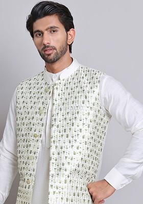Green Embroidered Poly Blend Nehru Jacket For Men