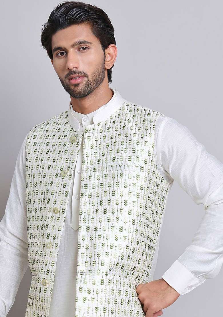 Green Embroidered Poly Blend Nehru Jacket For Men - Indya