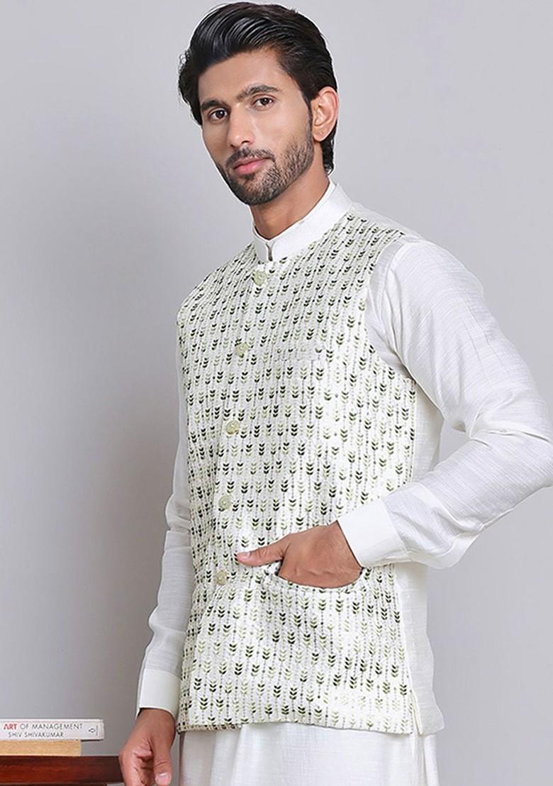 Green Embroidered Poly Blend Nehru Jacket For Men