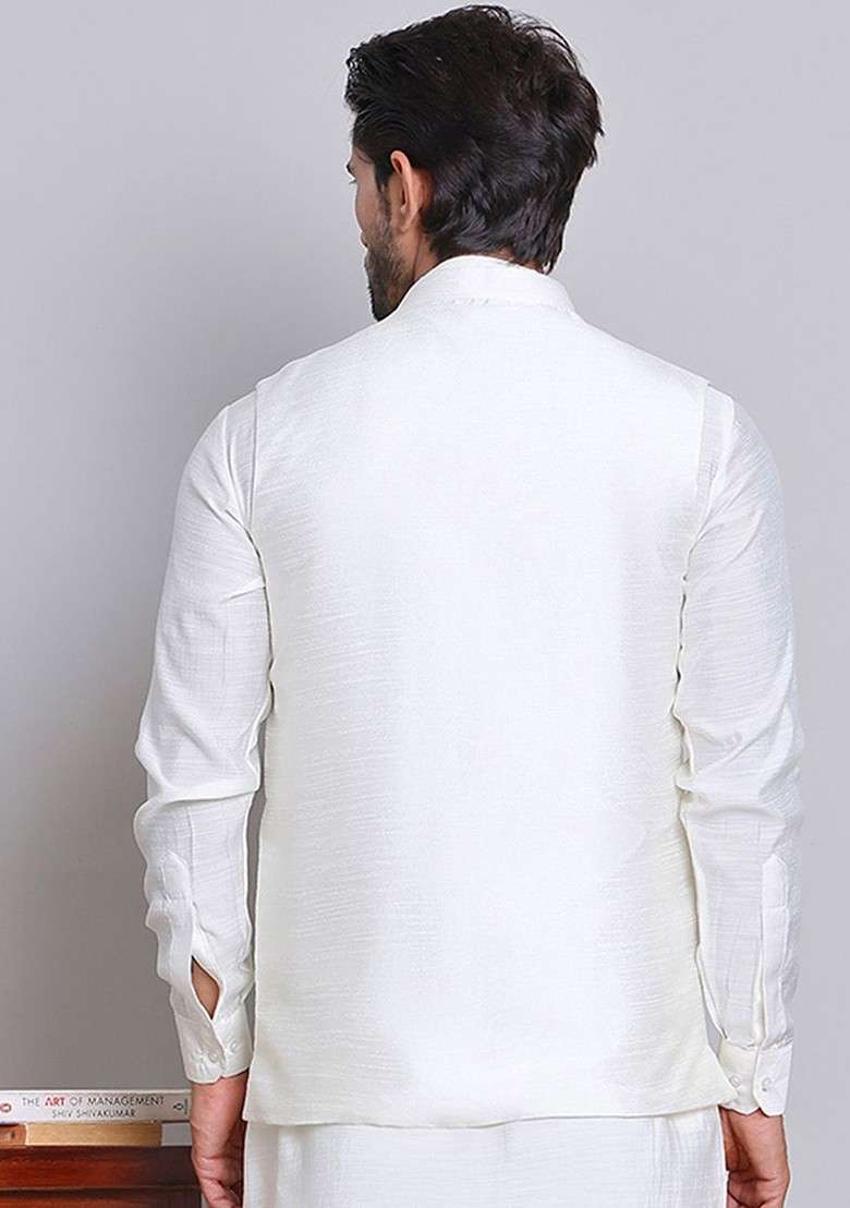 Green Embroidered Poly Blend Nehru Jacket For Men - Indya
