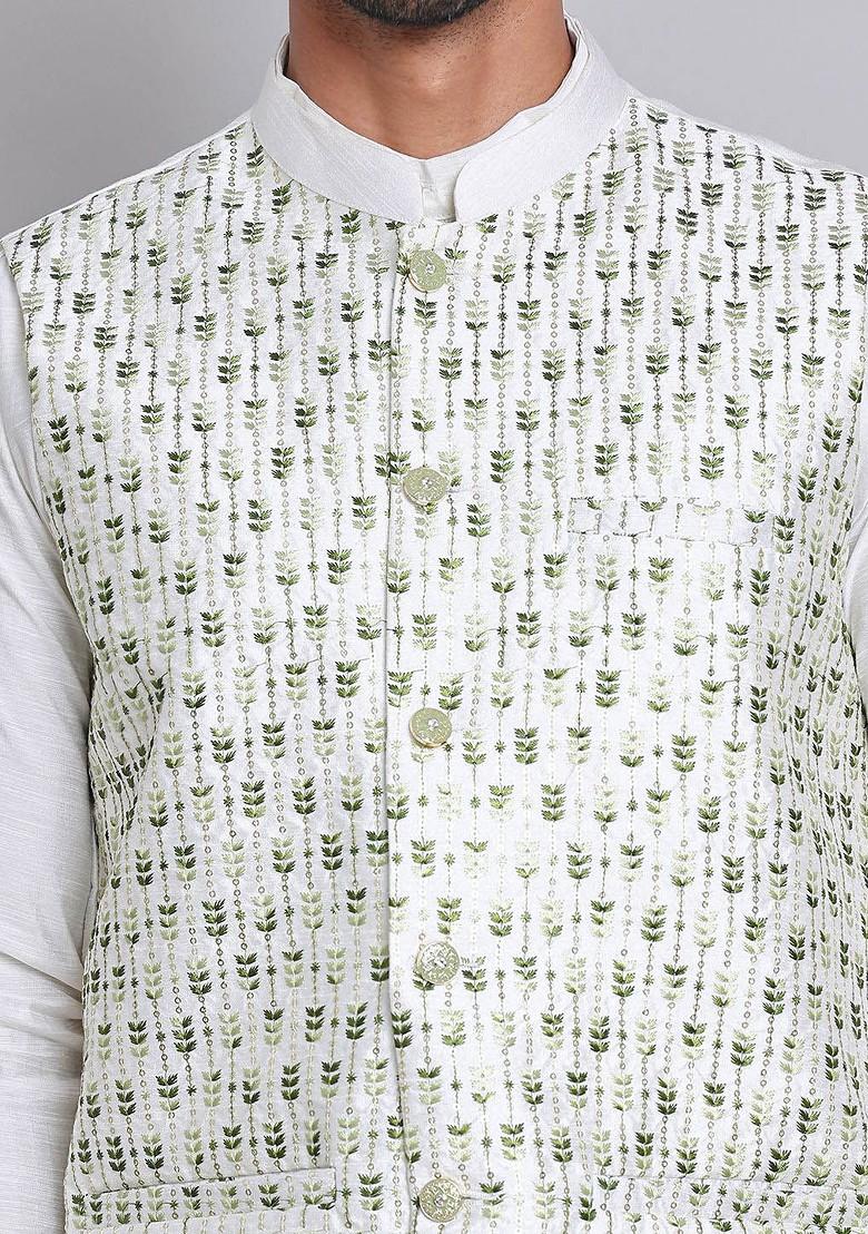 Green Embroidered Poly Blend Nehru Jacket For Men