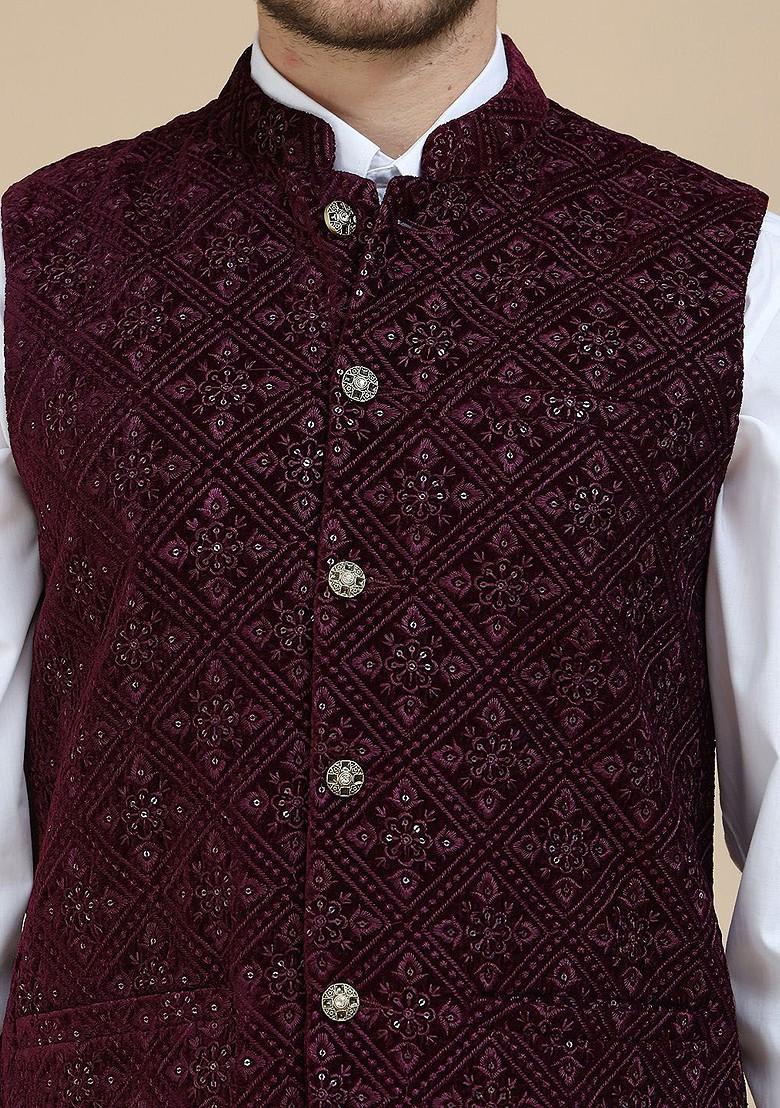 Purple Embroidered Poly Blend Nehru Jacket For Men