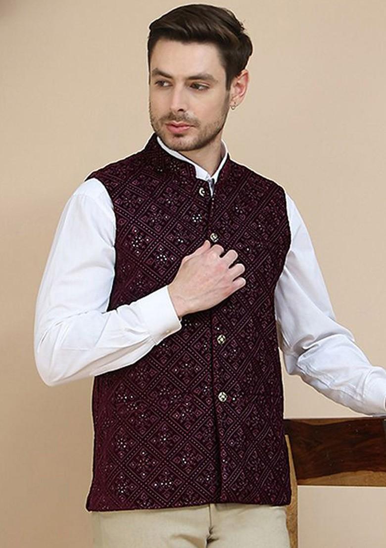 Purple Embroidered Poly Blend Nehru Jacket For Men