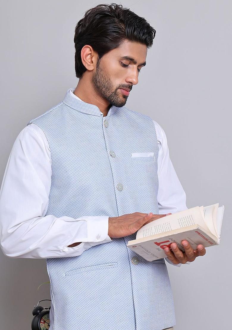 Blue Woven Design Poly Blend Nehru Jacket For Men