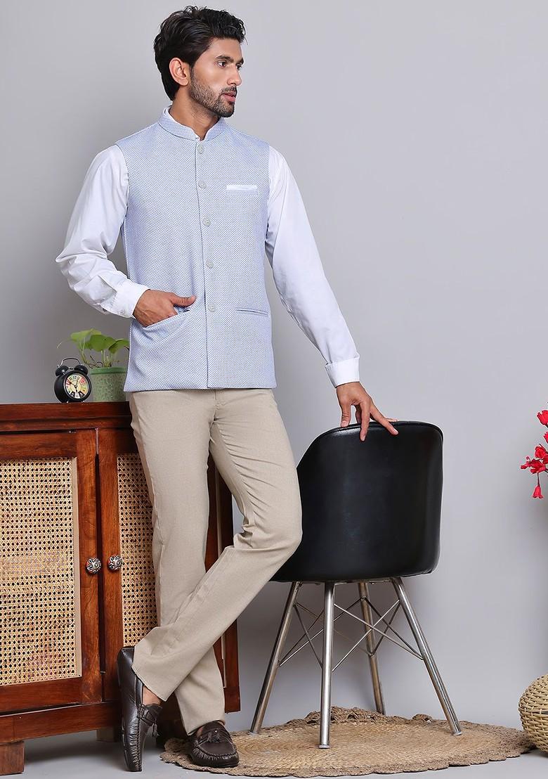 Blue Woven Design Poly Blend Nehru Jacket For Men