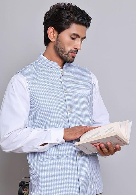 Blue Woven Design Poly Blend Nehru Jacket For Men