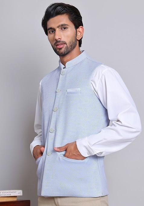 Blue Woven Design Poly Blend Nehru Jacket For Men