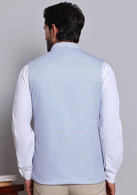 Blue Woven Design Poly Blend Nehru Jacket For Men