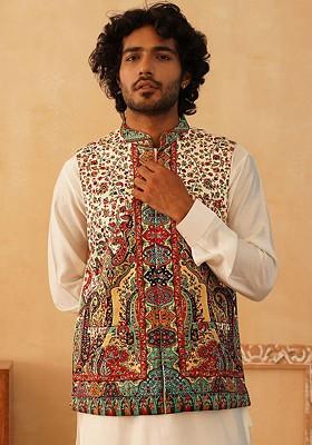 Cream Printed Poly Blend Nehru Jacket For Men