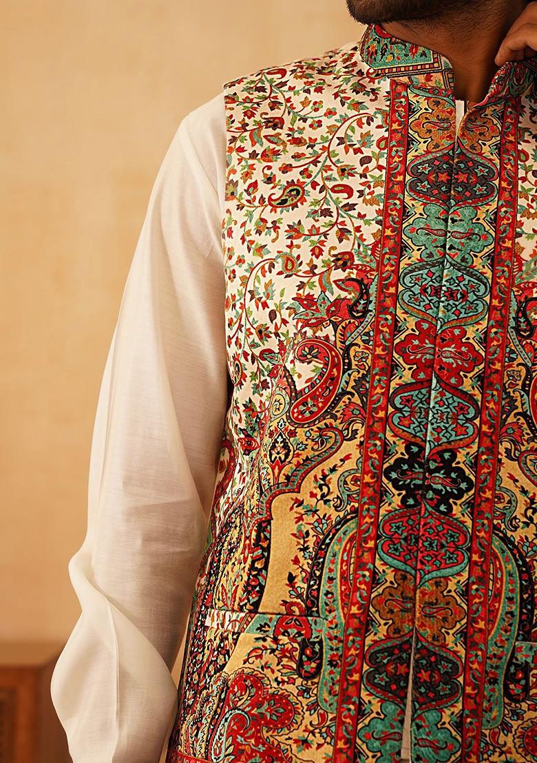 Cream Printed Poly Blend Nehru Jacket For Men